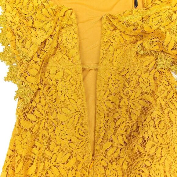 NEW Lulus Jaclyn Golden Yellow Lace Off the Shoulder Midi Dress Ruffled Small - Picture 8 of 10